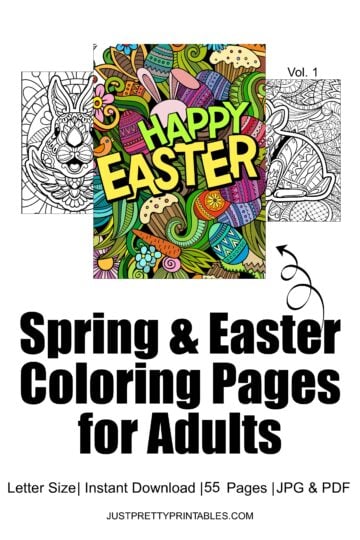 Happy Easter full-color page with intricate designs and black-and-white bunny art