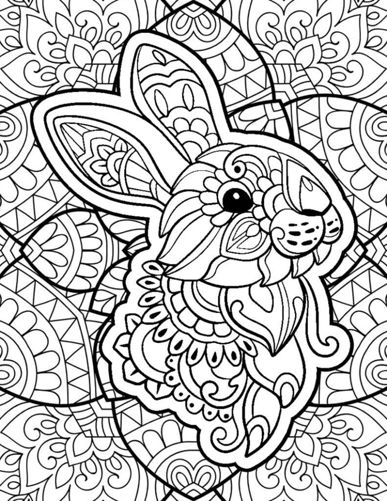 Detailed Easter bunny coloring page with floral mandala background for adults
