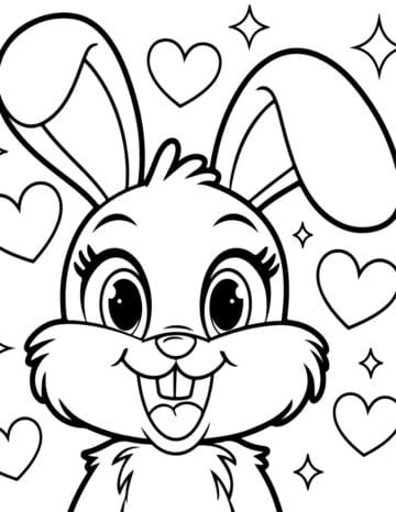 Free Easter bunny coloring page with hearts – sample from our 106-page Easter Coloring Worksheet Pack

