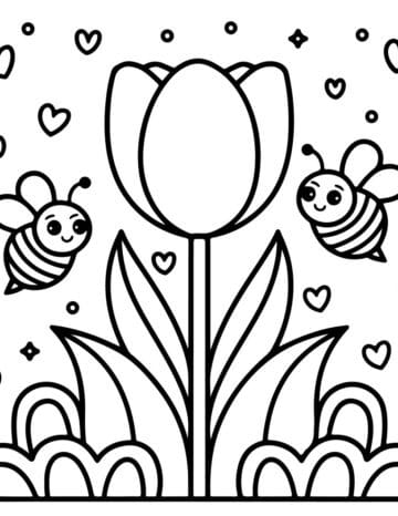 Free printable tulip and bee Easter coloring page from our 106-page Easter Coloring Worksheets pack – perfect for kids of all ages.