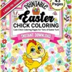 Colorful cover of printable Easter chick coloring pages featuring a happy chick, spring flowers, and Easter icons