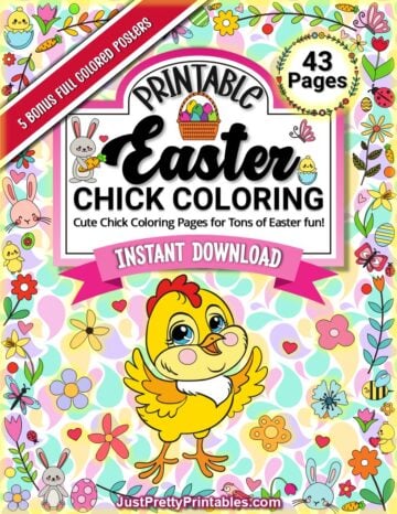 Colorful cover of printable Easter chick coloring pages featuring a happy chick, spring flowers, and Easter icons