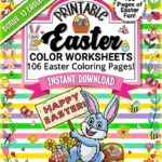 Printable Easter coloring worksheets cover with bunny and Happy Easter sign
