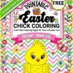 Free printable Easter chick coloring cover with bright yellow chick, spring flowers, and chevron background