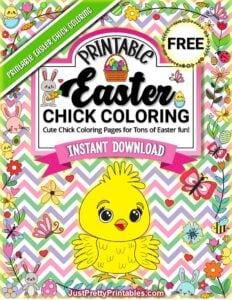 Free printable Easter chick coloring cover with bright yellow chick, spring flowers, and chevron background