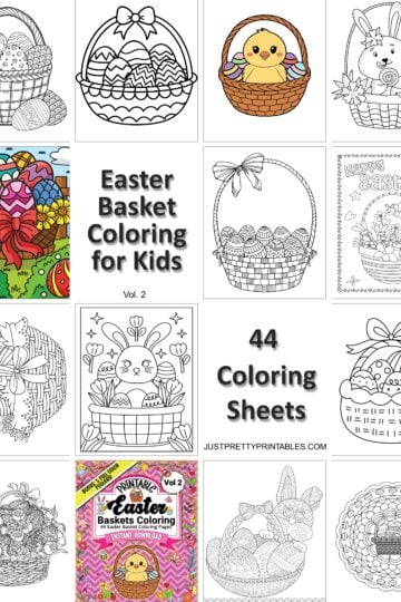 Collage of Easter basket coloring pages including chicks, bunnies, eggs, and spring flowers – perfect printable for kids and adults.