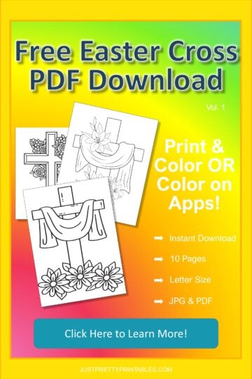 Free Easter cross coloring pages in printable PDF format with bold outlines and floral designs