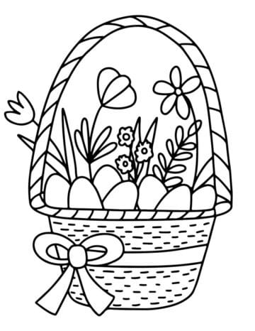 Spring-themed Easter basket coloring page with flowers and ribbon.