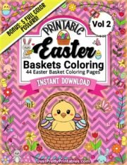 Bright Easter coloring pack cover with chick and eggs in a basket – 44-page set.