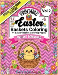 Bright Easter coloring pack cover with chick and eggs in a basket – 44-page set.