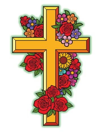 Bright Easter cross with colorful floral design, part of printable Easter cross coloring pages