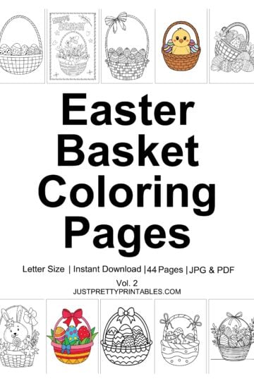 Printable Easter basket coloring page pack with line art images for kids and adults to color.