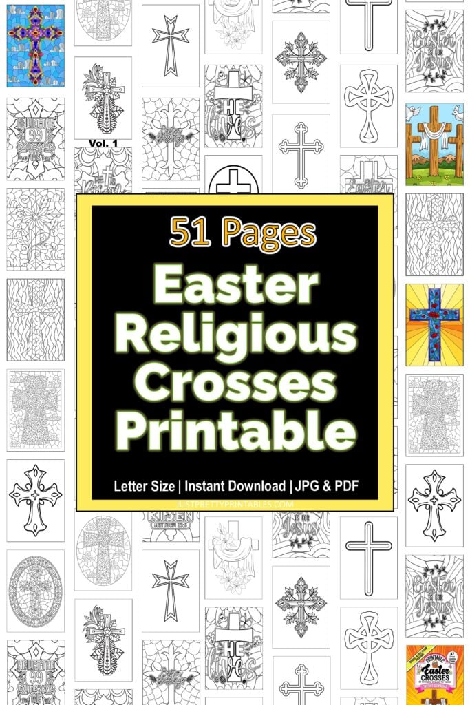 Printable Easter cross designs with 51 religious coloring pages shown in preview thumbnails