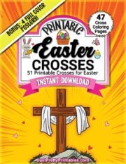 Printable Easter crosses coloring pages with a wooden cross, Easter basket, and bright orange background